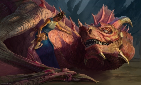 A character introduces a child to an aged dragon