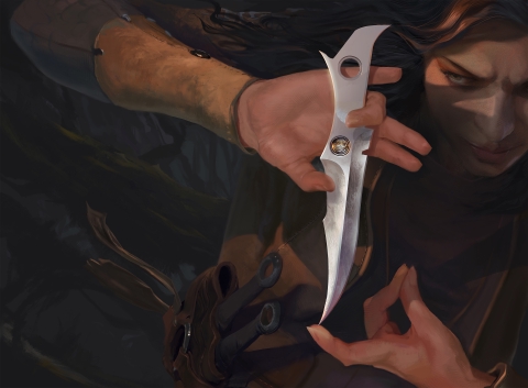 A long haired character balances a dagger on her finger tip ready to throw it