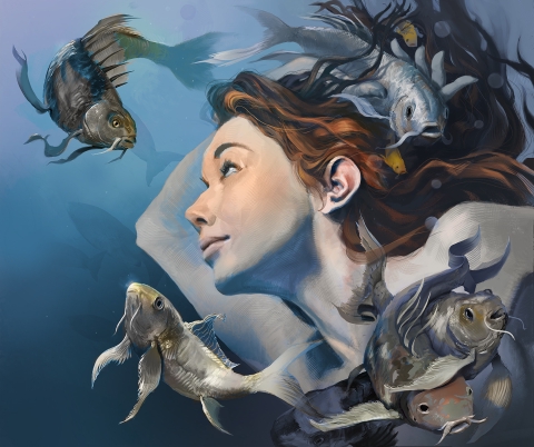 A mermaid swimming with her aquatic friends